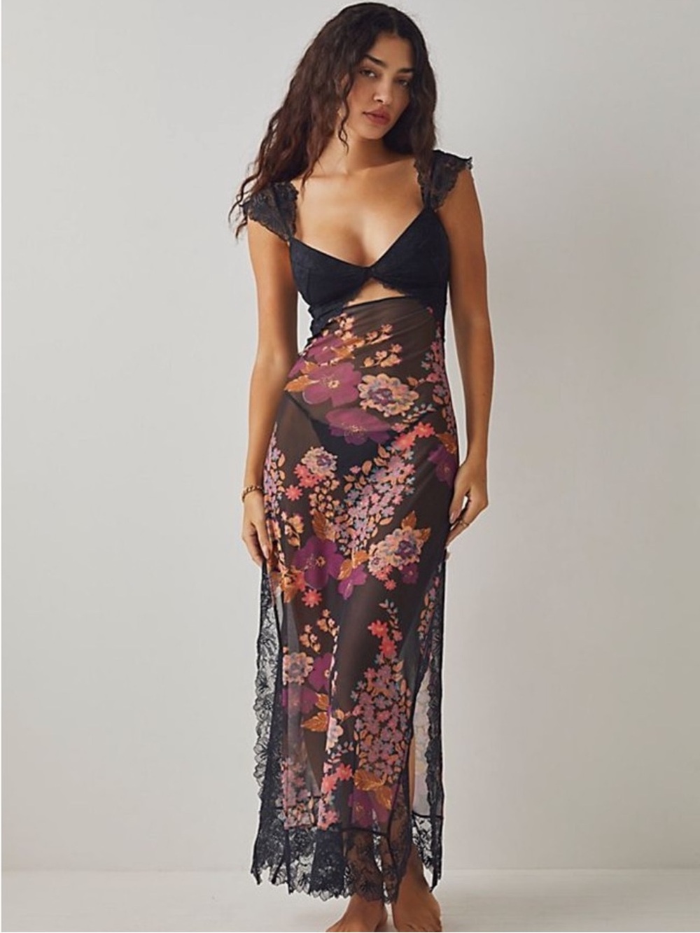 Free People FP Suddenly Fine Black Floral Lace Sheer Maxi Slip Dress Size XS
